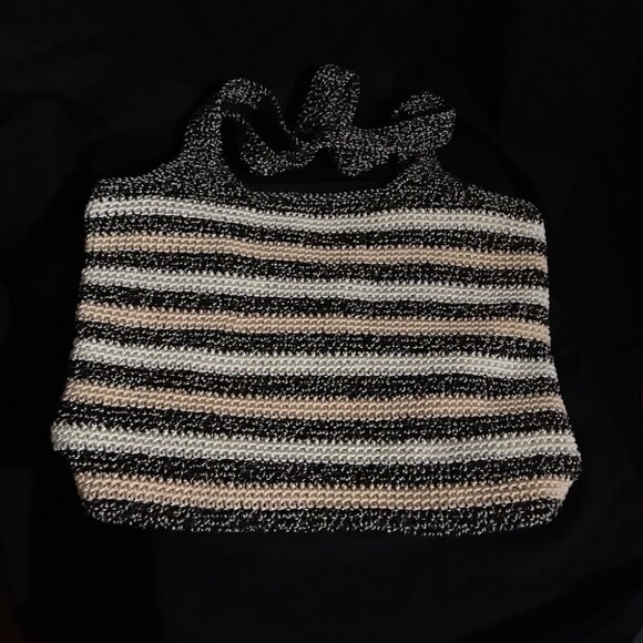 The Sak Crochet Stripped Cream Casual & Black Double Handle Women's Shoulder Bag - Picture 4 of 10